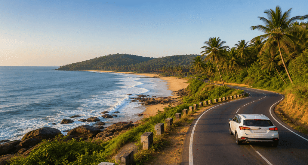 Coastal Karnataka road trip along scenic beach highway with Arabian Sea views